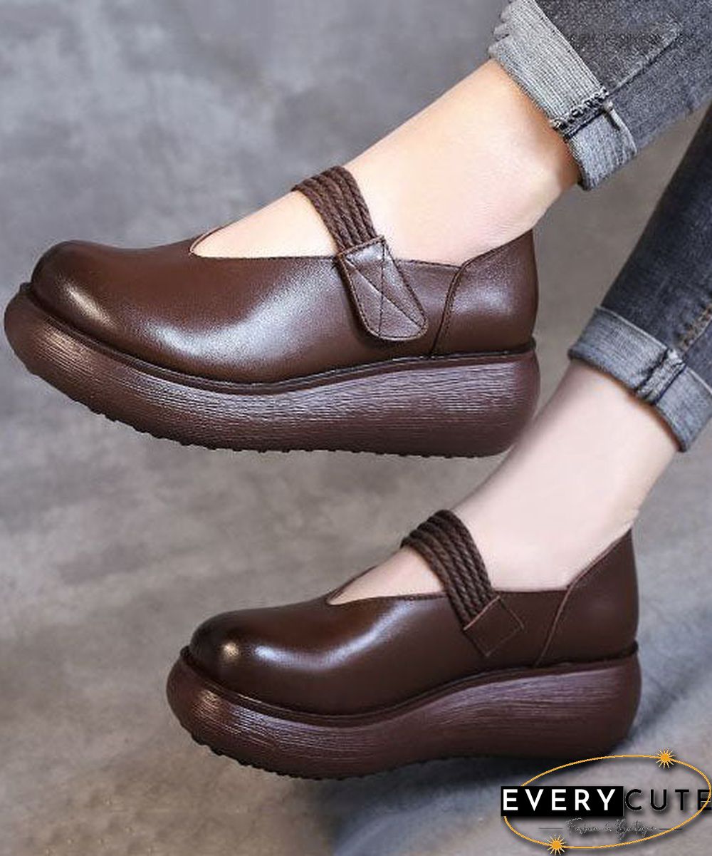 DIY Splicing Chunky High Wedge Heels Shoes Brown Cowhide Leather