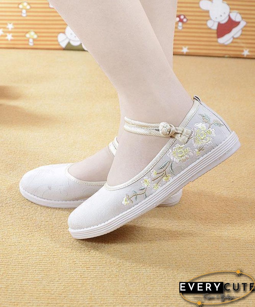 Beige Embroideried Cotton Fabric Flat Shoes Buckle Strap Flat Shoes