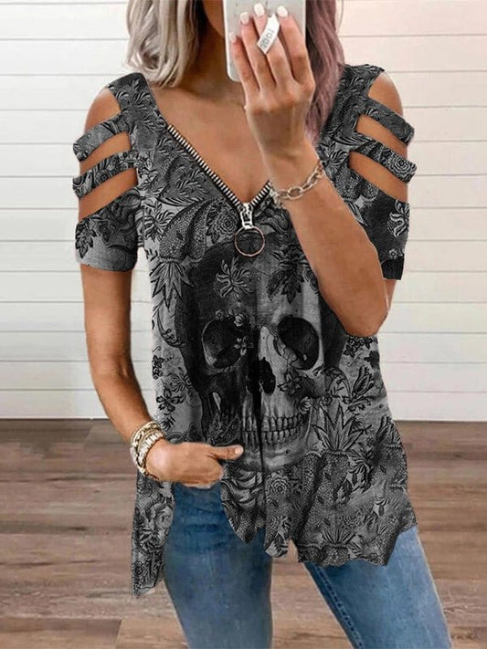 Fashion Skull Print V Neck Short Sleeve T-shirts