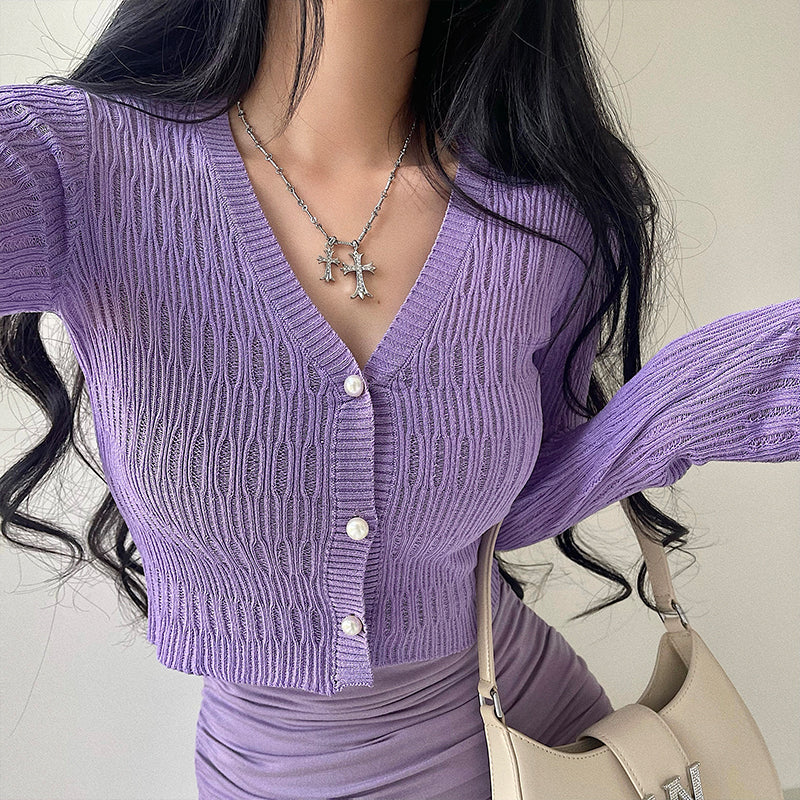 Palma Solid Color V-neck Button Up Knitted Cardigan Long Sleeve Top