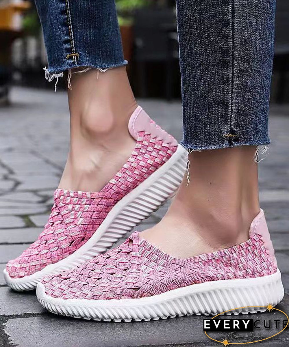 Pink Flat Shoes Knit Fabric Handmade Splicing Women