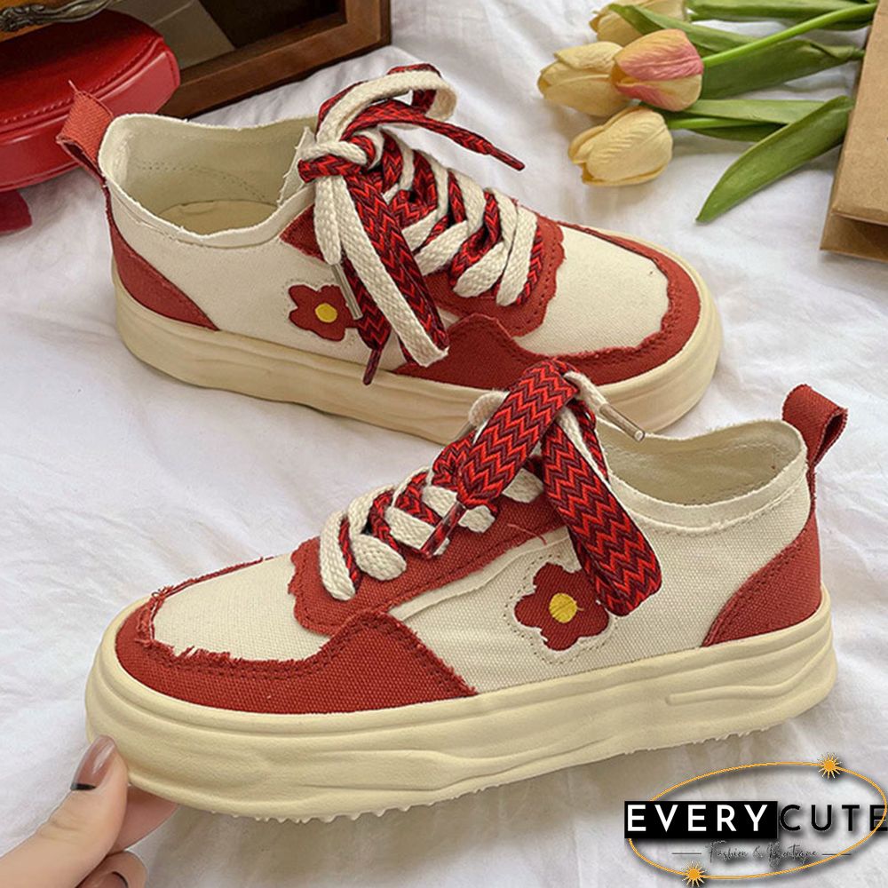 Little Red Flower Colorblock Canvas Shoes