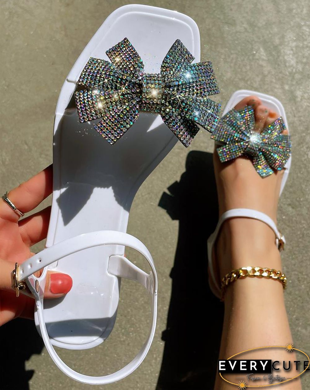 White Casual Patchwork With Bow Rhinestone Square Comfortable Out Door Shoes