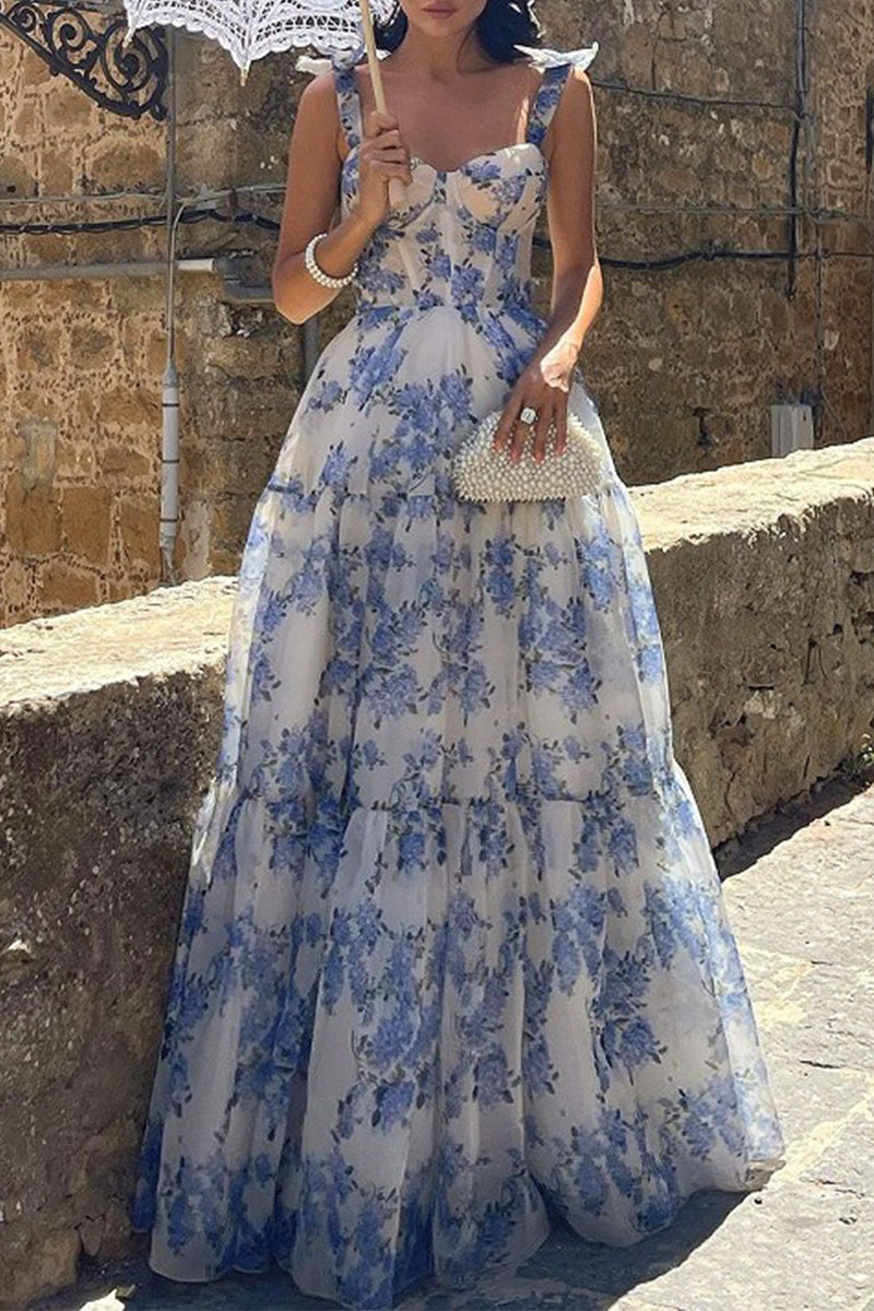 Elegant Formal Print Flowers Bandage Off the Shoulder Princess Dresses