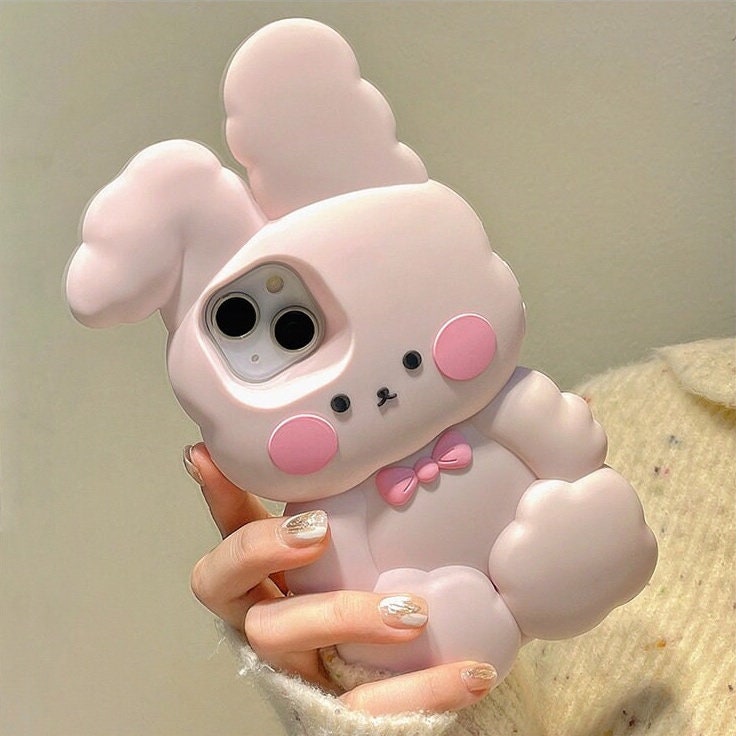 Cute Matte 3D Pink Bunny Rabbit Design + Pink Strap Thick Bulky Protective Shockproof iPhone Case for iPhone 11 12 13 14 15 Pro Max Case