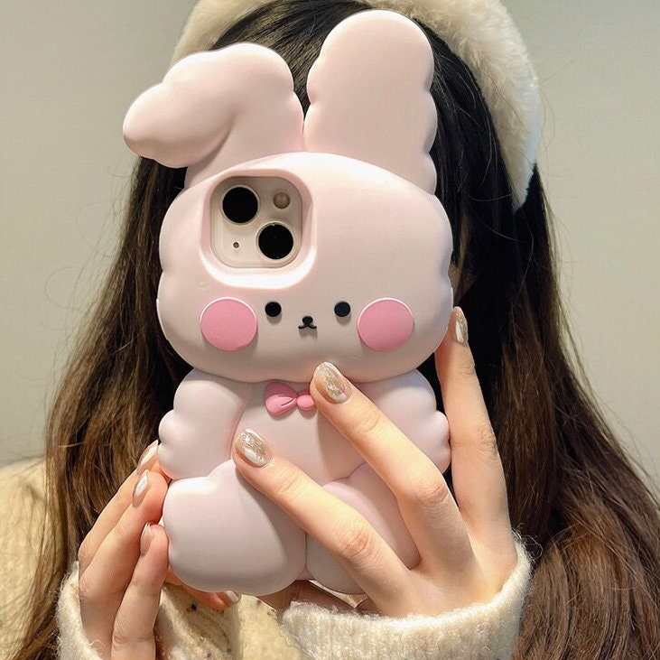 Cute Matte 3D Pink Bunny Rabbit Design + Pink Strap Thick Bulky Protective Shockproof iPhone Case for iPhone 11 12 13 14 15 Pro Max Case