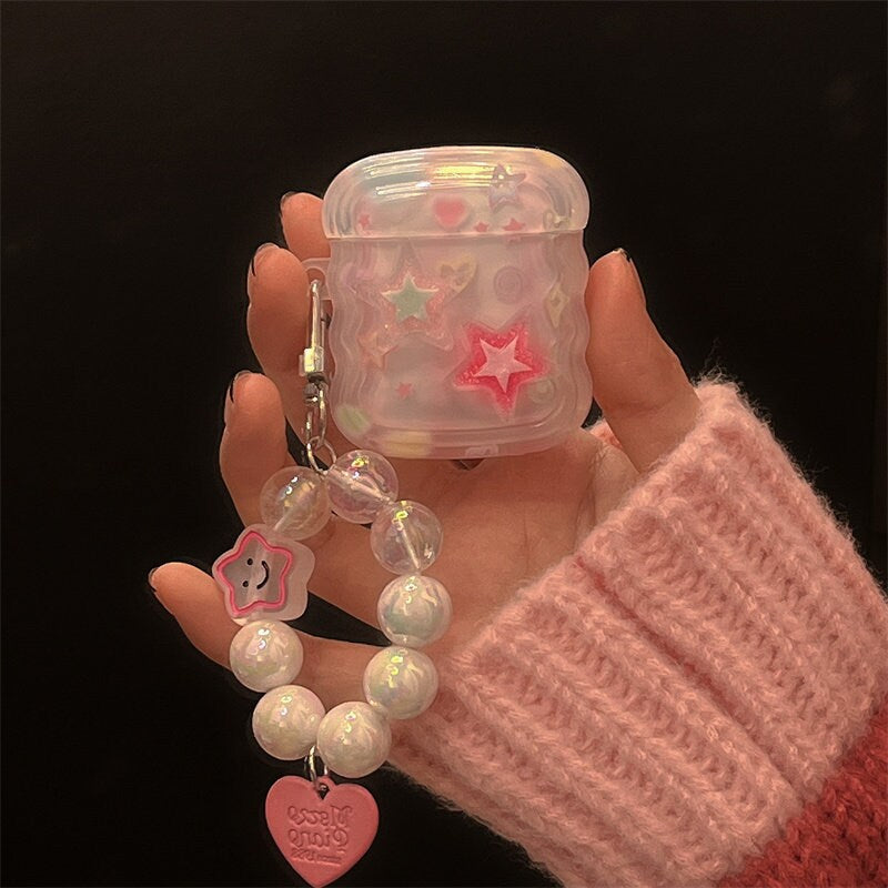 Cute Star Print Wave Shaped Protective Cover AirPods Case + Beaded Hand Strap for AirPods 1 2 3 Pro 2 Generation Shockproof AirPods Case