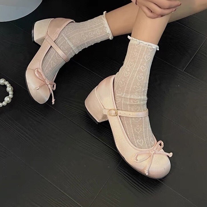 Women Retro Mary Jane Heels, Women Vintage Ballerina Shoes, Women Plain Toe High Heels, Women Retro Pink Sliver Ballet Shoes