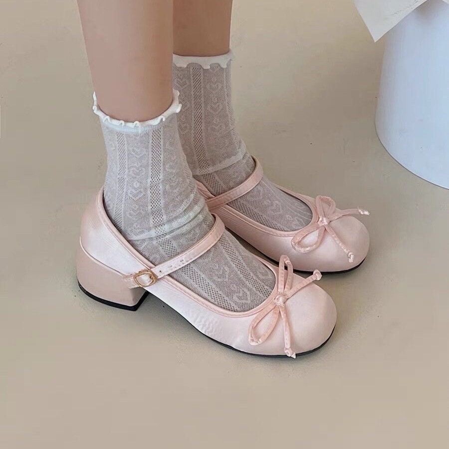 Women Retro Mary Jane Heels, Women Vintage Ballerina Shoes, Women Plain Toe High Heels, Women Retro Pink Sliver Ballet Shoes