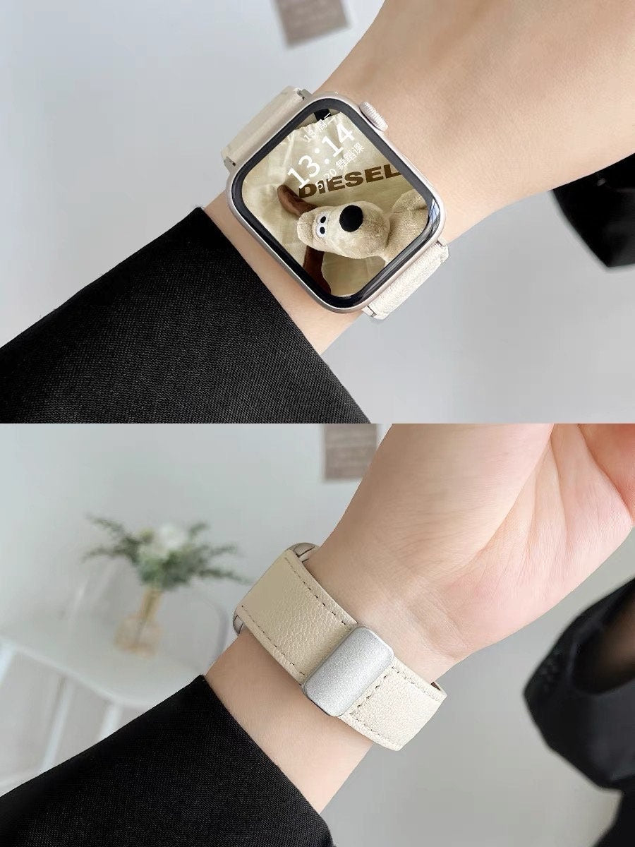 Cute Minimalist Leather Strap Watch Band Series 1 2 3 4 5 6 7 8 9 Ultra Generation 38mm 40mm 41mm 42mm 44mm 45mm 49mm Apple iWatch Case