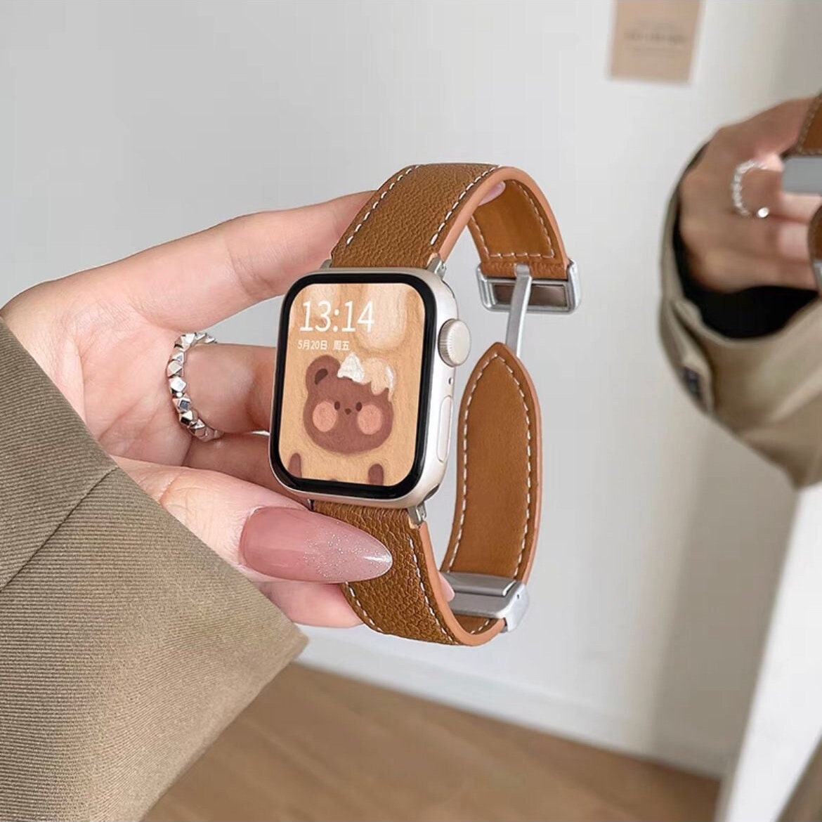 Cute Minimalist Leather Strap Watch Band Series 1 2 3 4 5 6 7 8 9 Ultra Generation 38mm 40mm 41mm 42mm 44mm 45mm 49mm Apple iWatch Case