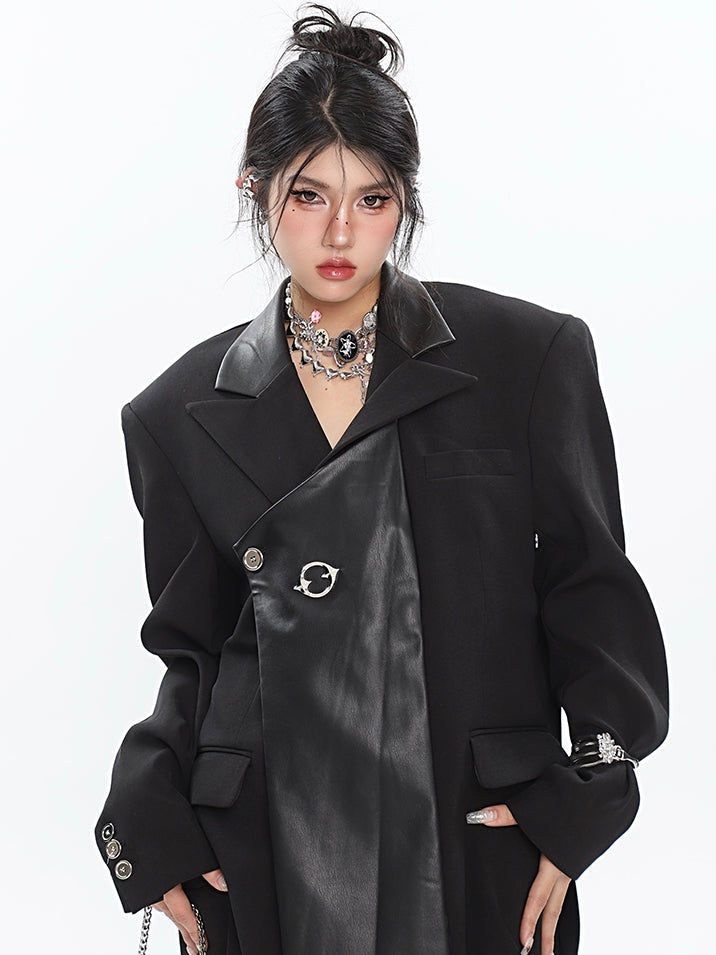 Alice Solid Color Black Patchwork Paneled Pu Leather Loose Long Sleeve Blazer Jacket