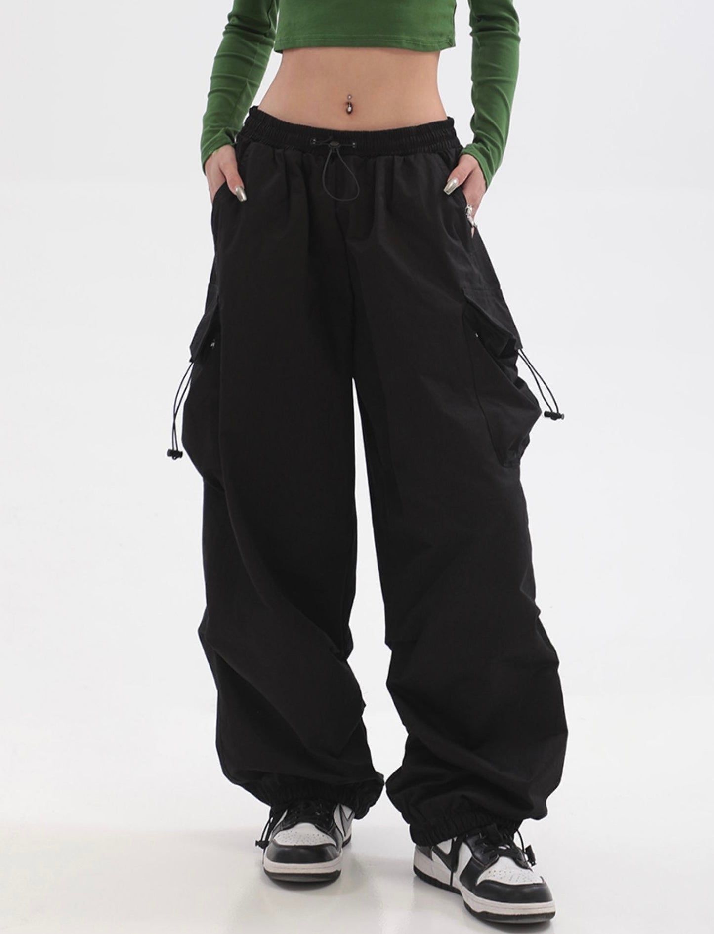 Neveah Solid Color Black Straight Leg High Waist Multi-Pocket Parachute Cargo Pants