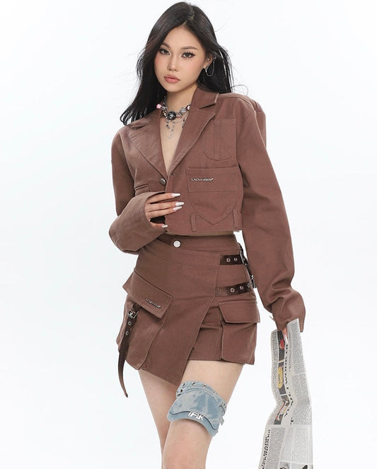 Yielle Solid Color Brown Design Multi-Pocket Slim Cargo Mini Skirt Cropped Jacket Matching Set