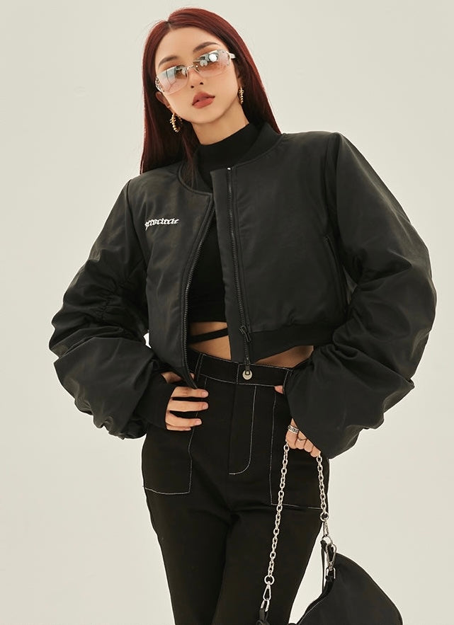 Macie Solid Color Black Long Ruched Sleeve Cropped Bomber Jacket