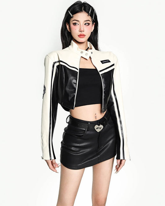 Arabella Abstract Color Design Pu Leather Cropped Zip Up Jacket