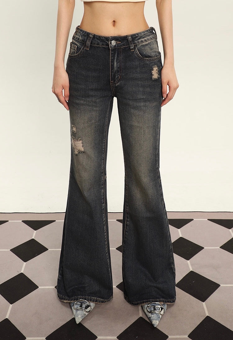 Deena Denim Blue Washed Low Waist Micro Flare Jeans Pants