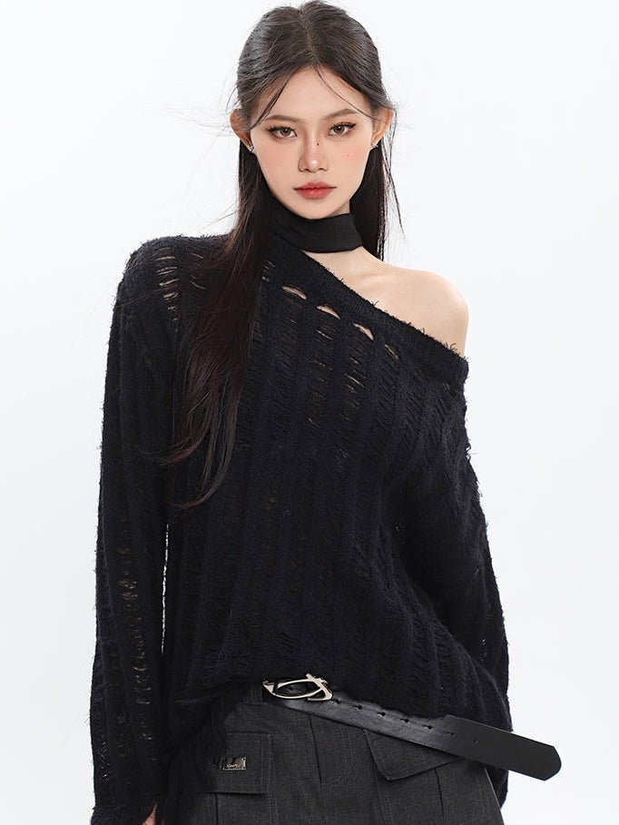 Christine Solid Color Knitted Distressed Turtleneck Cutout Long Sleeve Sweater Top