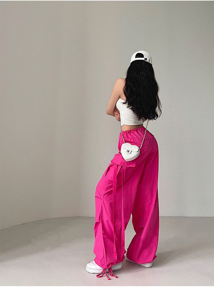 Loa Solid Color Hot Pink Multi-Pocket Tassel High Waist Straight Leg Cargo Parachute Pants