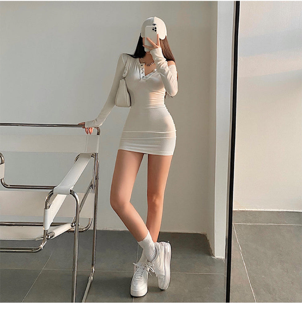 Brianna Solid Color Long Sleeve Button Up Slim Bodycon Mini Dress