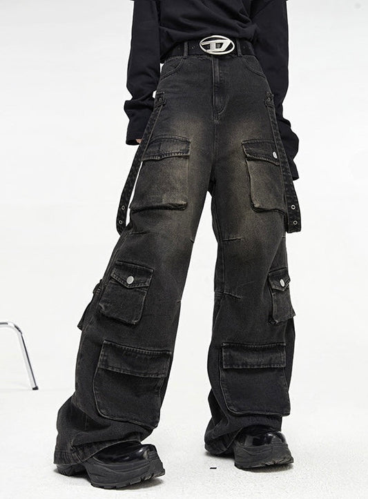 Jordan Denim Black Washed Faded High Waist Straight Leg Multi-Pocket Cargo Pants