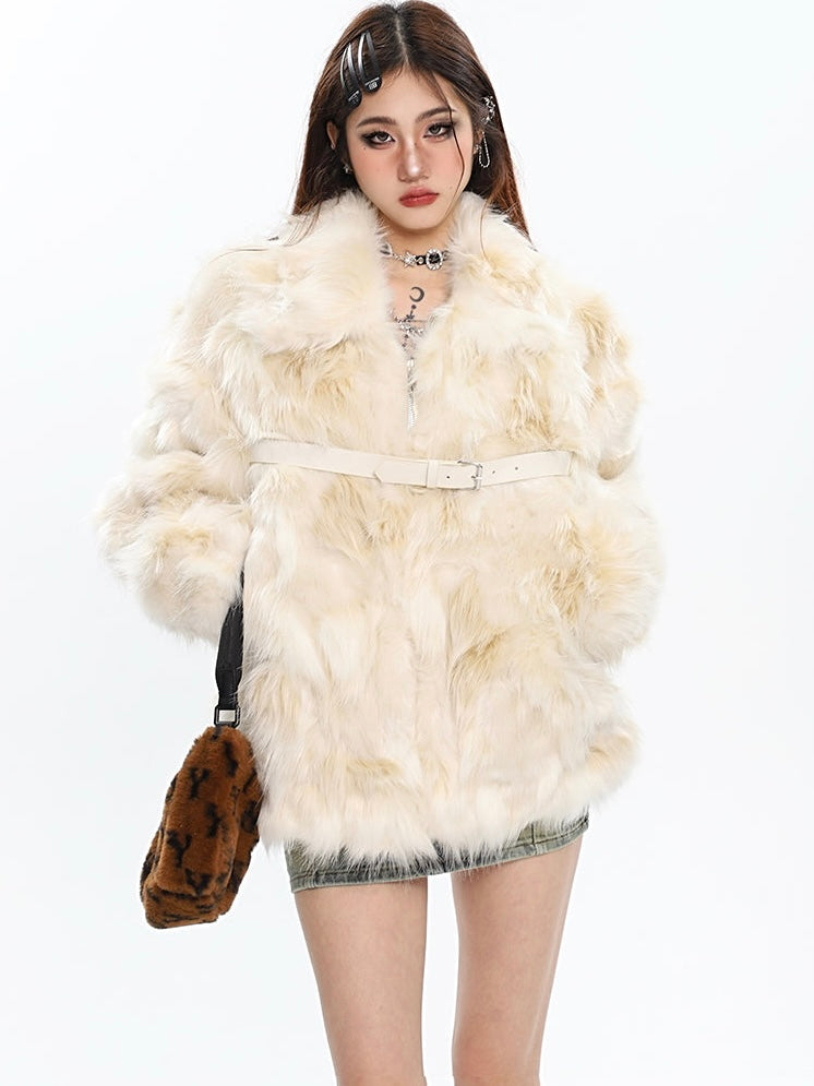 Loreila Faux Fur Zip Up Leather Belt Strap Long Sleeve Jacket