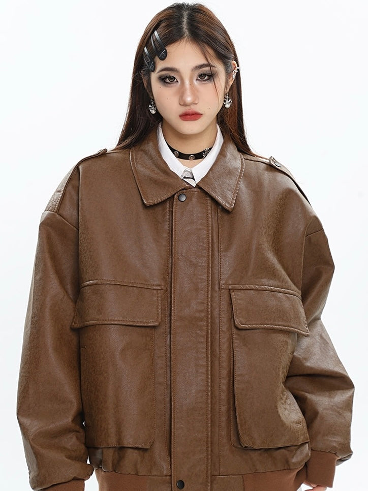 Dalia Solid Color Brown Faux Leather Zip Up Button Up Long Sleeve Double Jacket