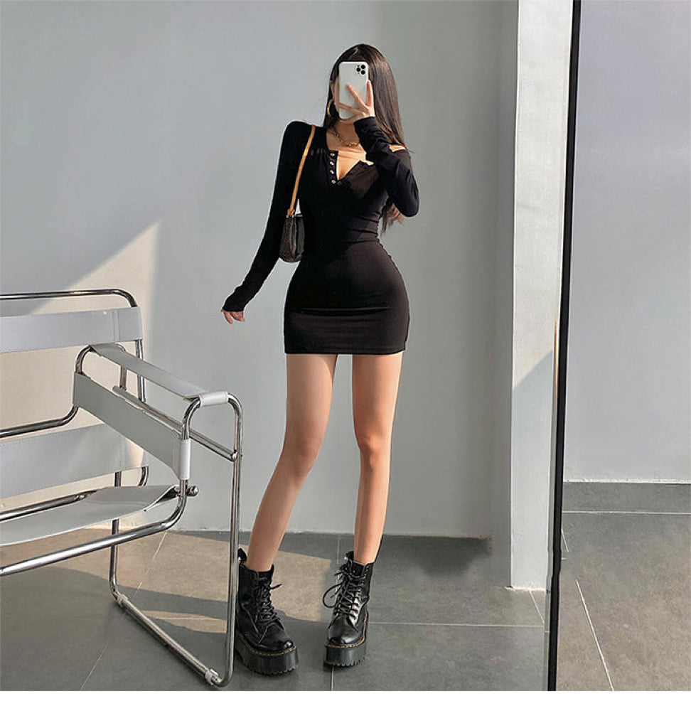 Brianna Solid Color Long Sleeve Button Up Slim Bodycon Mini Dress