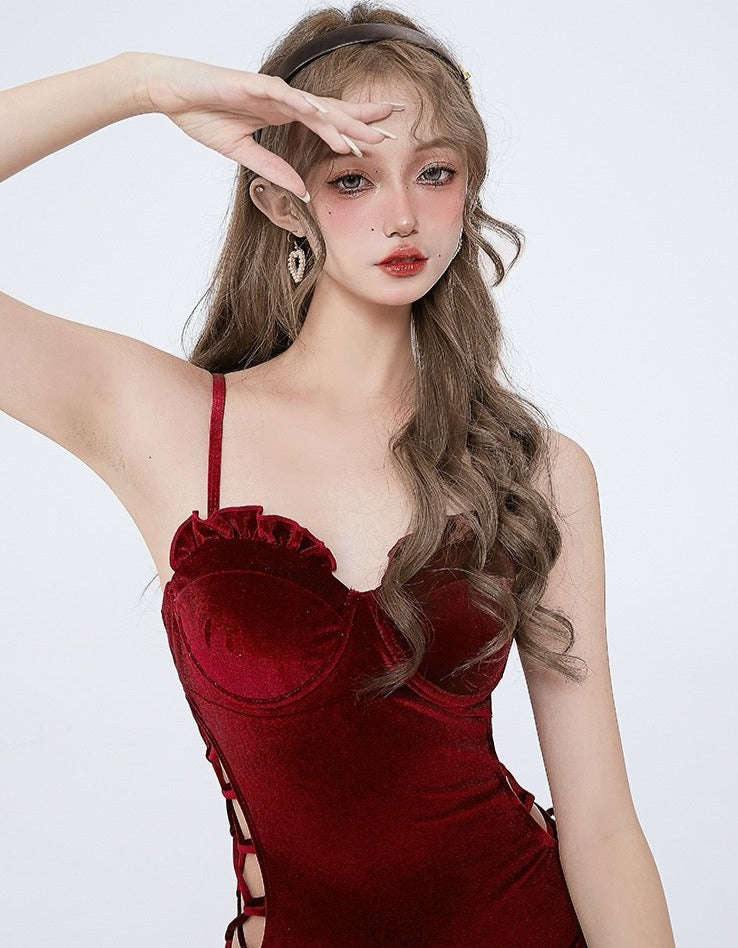 Dark Scarlet Velvet Swimsuit