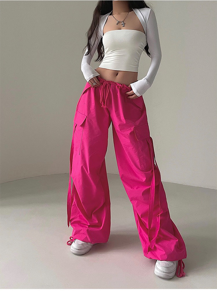 Loa Solid Color Hot Pink Multi-Pocket Tassel High Waist Straight Leg Cargo Parachute Pants