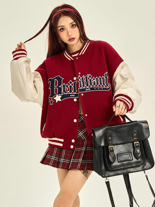 Brilliant Baggy Red Patchwork Varsity Jacket