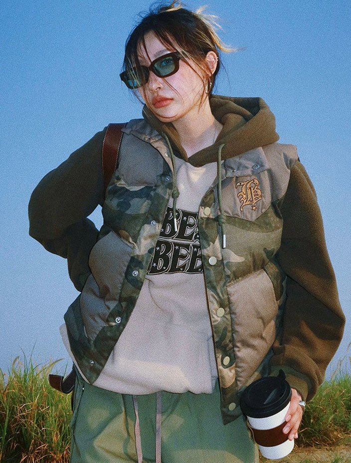 B Letter Embroidery Army Green Camouflage Sleeveless Puffer Jacket