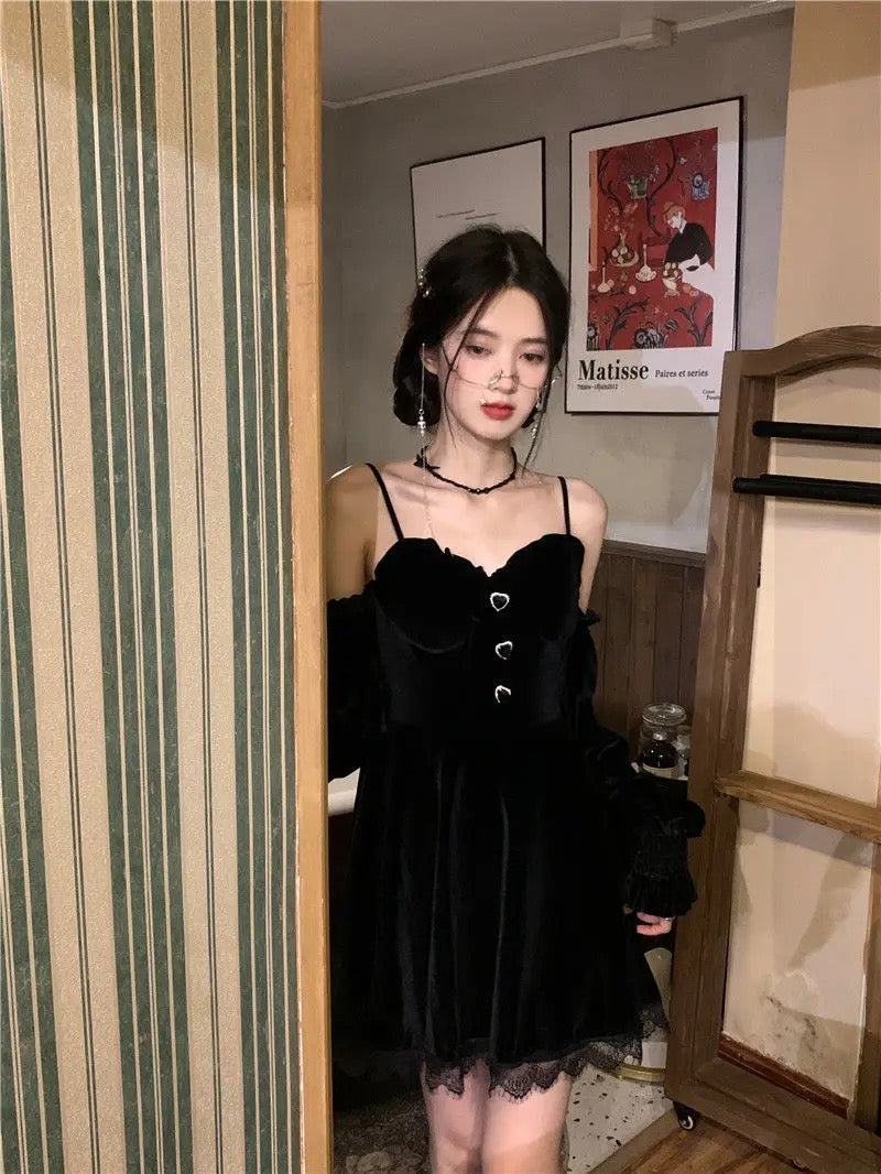 Fiery Romantic Goth Black Lace Velvet Dress