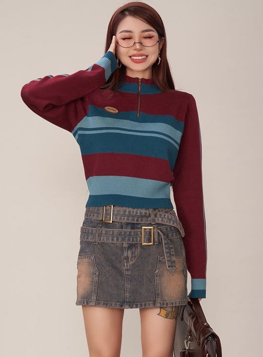 Juliana Stripe Long Sleeve Zip Up Sweater Top