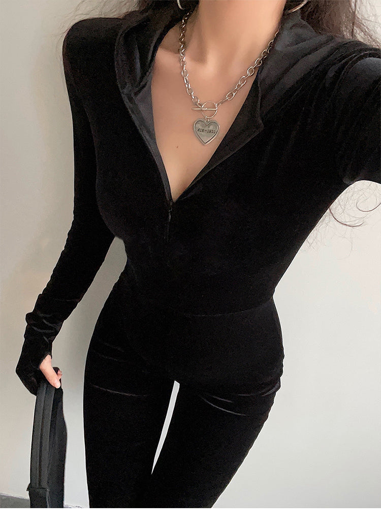 Sienna Solid Color Black Velour Long Sleeve Hooded Zip Up One Piece Jumpsuit