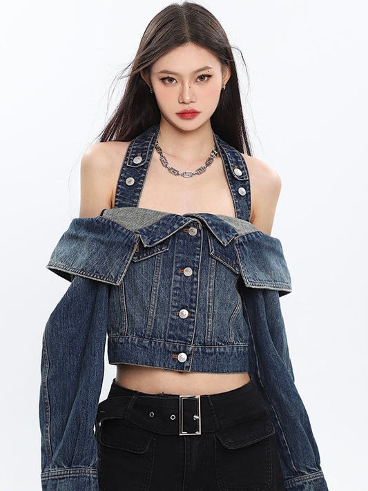 Seanna Denim Blue Spice Neck Off-the-Shoulder Halter Loose Cropped Jacket Top