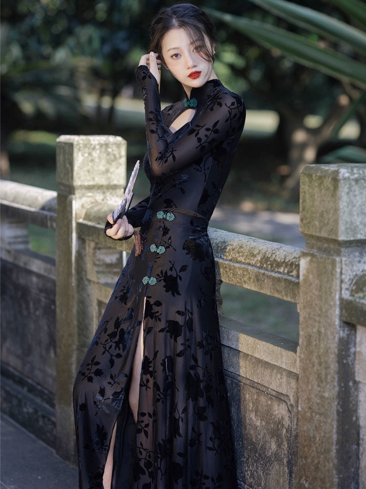 Lilith Black 90s Style Cheongsam 2-Piece Dress