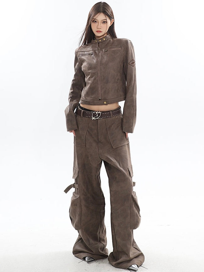 Natasha Washed Leather Zip Up Multi-Zipper Long Sleeve Jacket + High Waist Straight Leg Multi Pocket Cargo Long Baggy Pants Matching Set