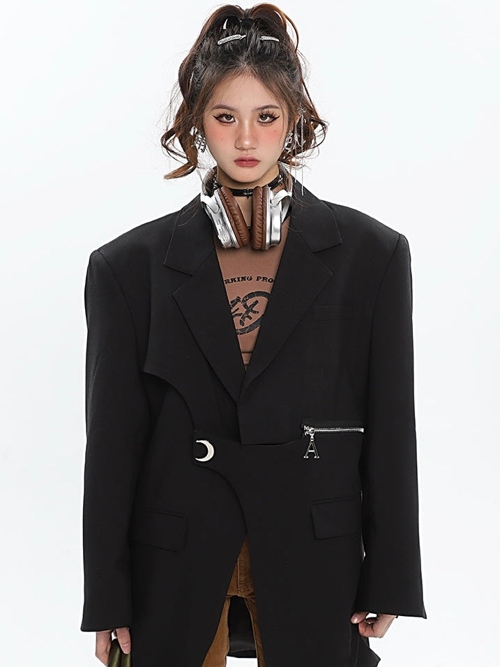 A Croissant Moon Silver Brooch Embroidery Zipper Button Up Long Sleeve Button Up Blazer Jacket