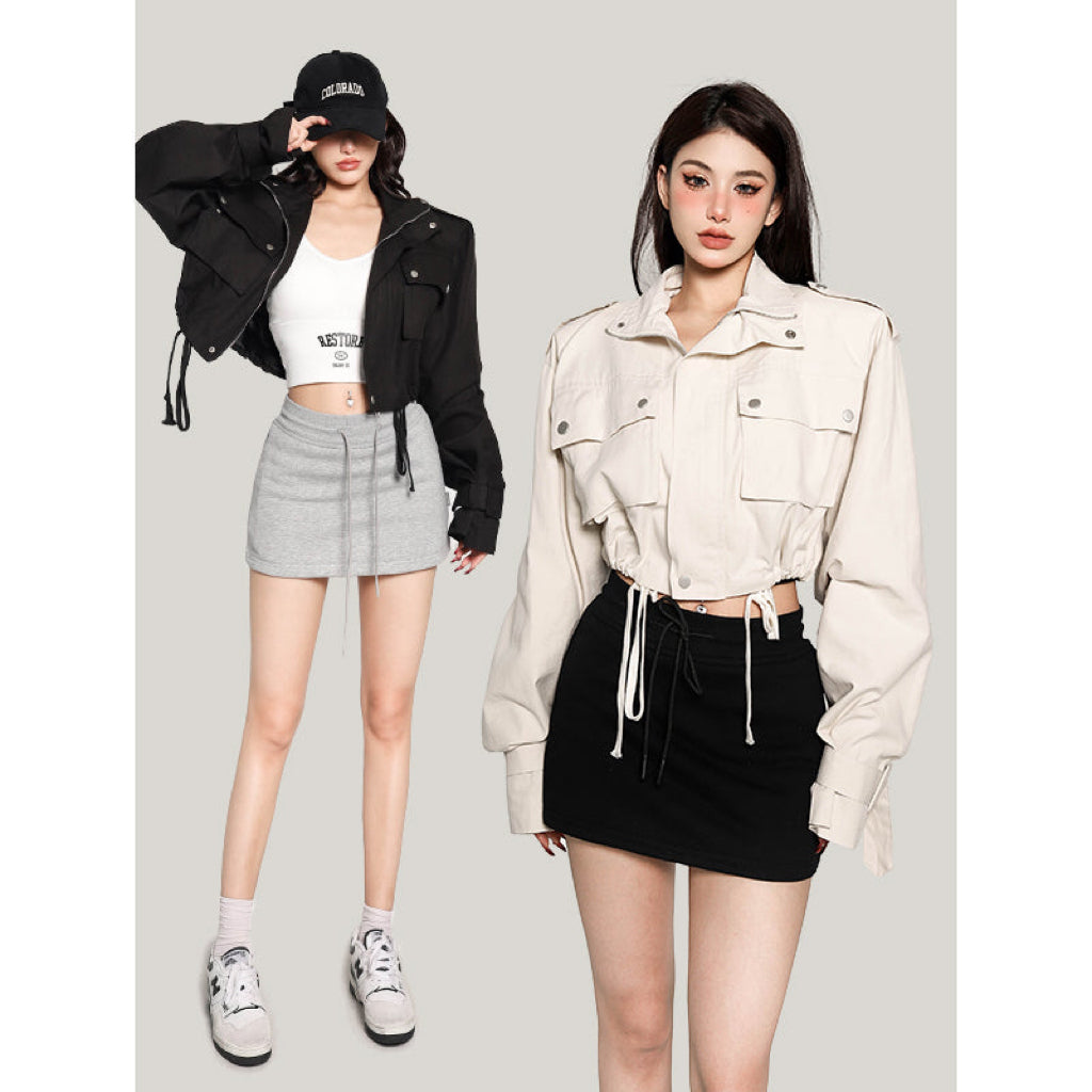 Seanna Solid Color Zip Up Multi-Pocket Long Sleeve Cropped Jacket