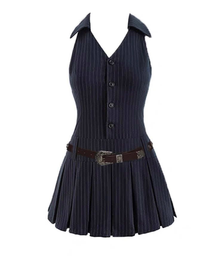 Olivia Striped Navy Blue Slim Sleeveless V-neck Halter Neck Waist Belt Pleated A-line Mini Dress