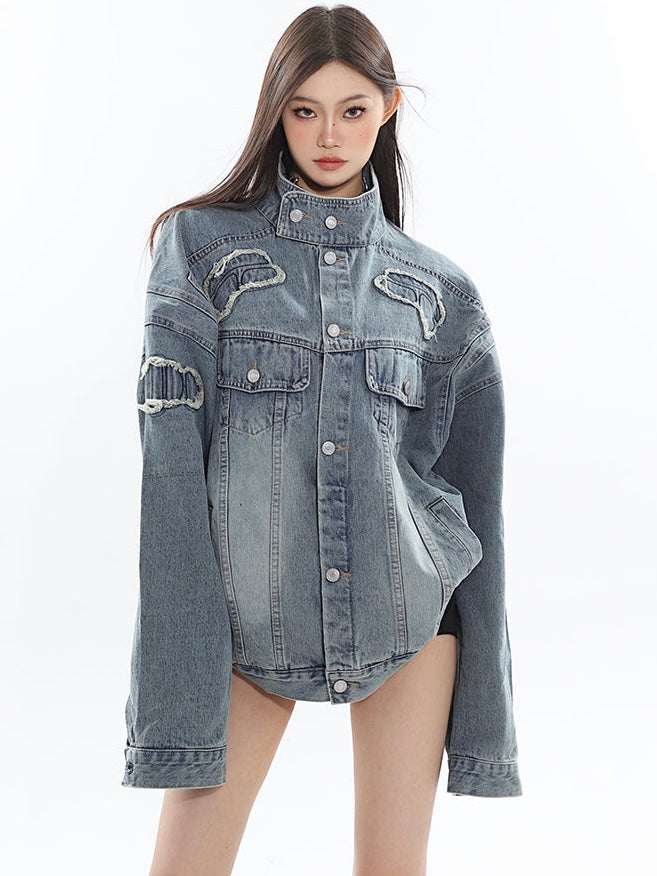 Louis Washed Denim Blue Patchwork Long Sleeve Button Up Turtleneck Jean Jacket