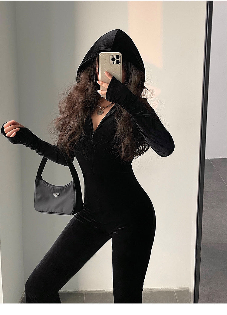 Sienna Solid Color Black Velour Long Sleeve Hooded Zip Up One Piece Jumpsuit