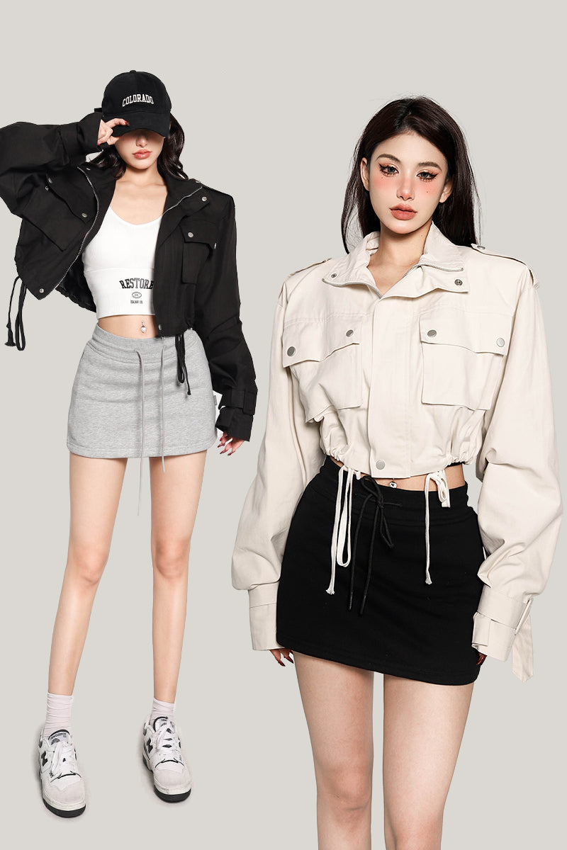 Seanna Solid Color Zip Up Multi-Pocket Long Sleeve Cropped Jacket