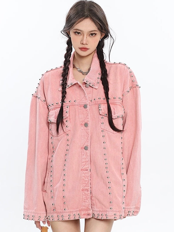 Chrissy Pink Vintage Denim Studded Multi-Pocket Long Sleeve Button Up Jacket