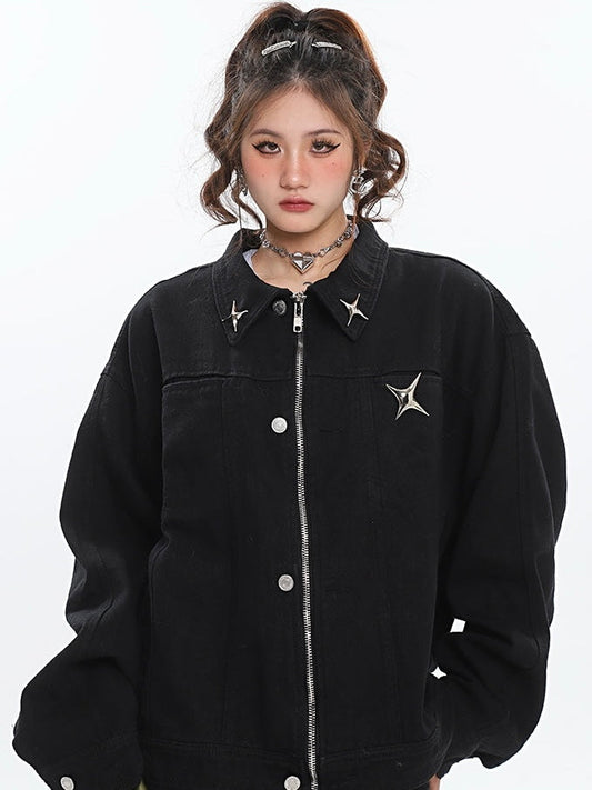 Cindy Solid Color Silver Twinkle Brooch Embroidery Long Sleeve Denim Zip Up Jean Jacket