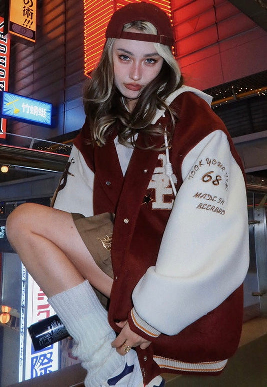 BE Patchwork Suede Long Sleeve Button Up Varsity Jacket