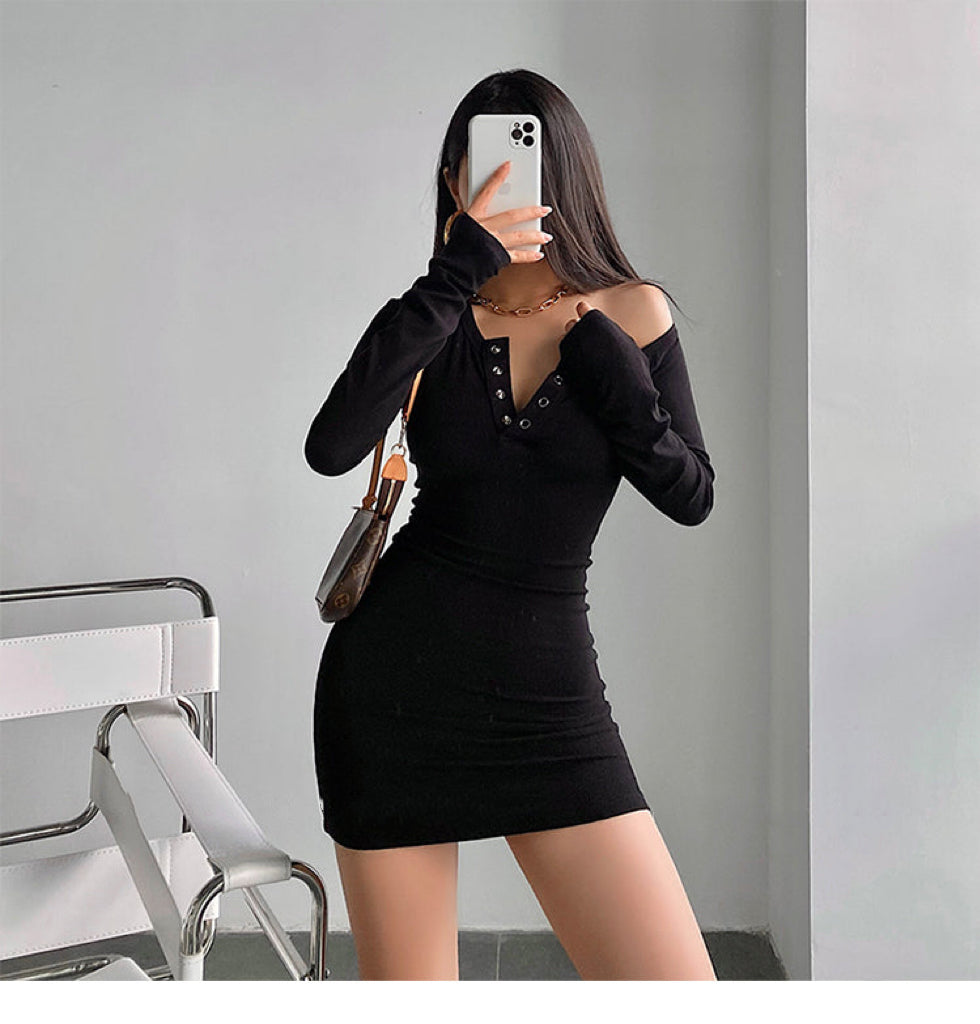 Brianna Solid Color Long Sleeve Button Up Slim Bodycon Mini Dress