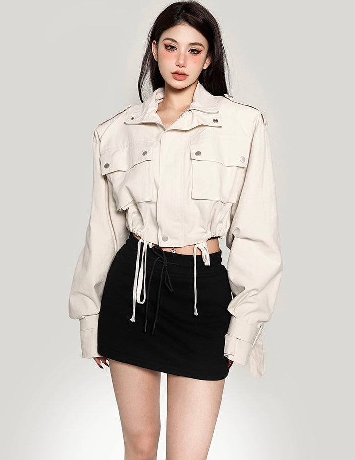 Seanna Solid Color Zip Up Multi-Pocket Long Sleeve Cropped Jacket