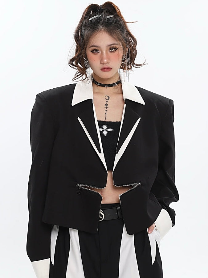 Helena Contrast Color Horizontal Zipper Long Sleev Zip Up Blazer Jacket